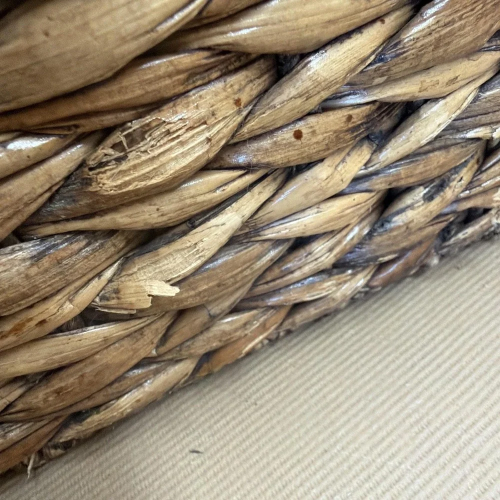 Vtg Woven Hyacinth Reed And Tree Fiber Divided Magazine Holder Wooden Handle 16